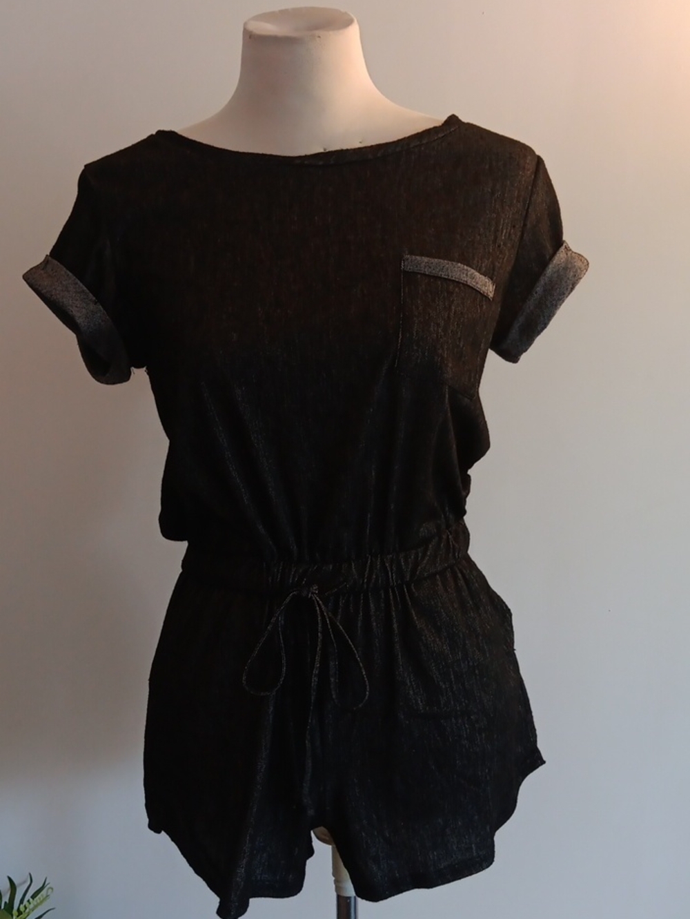 shosho Black Short Sleeve Romper with Button Detail